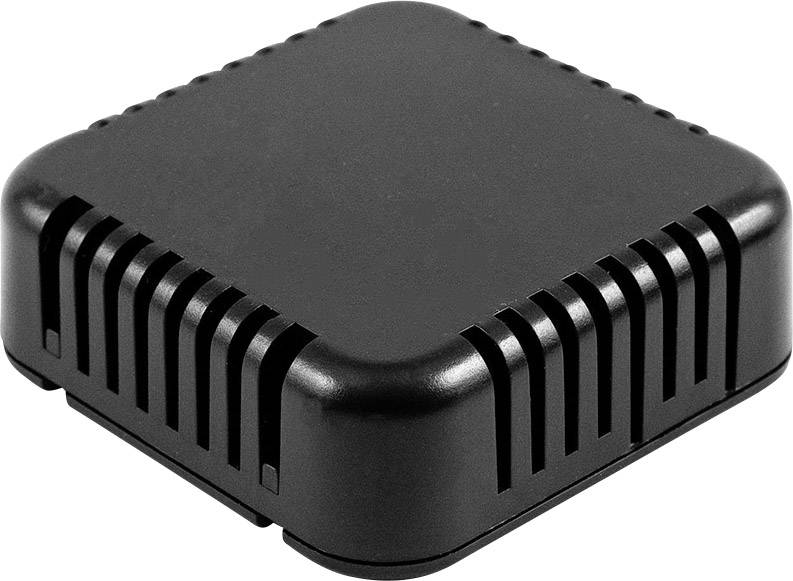 A black, square plastic casing with rounded corners and ventilation slots on the sides.