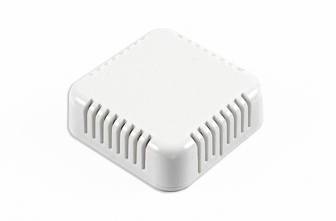 A white, square ventilation grille with rounded corners and vertical slits on all sides for improved air circulation.
