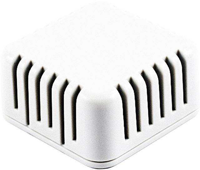 A square, white sensor with ventilation slots on the sides, likely for monitoring temperature or air quality.