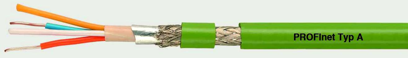 'PROFInet Type A' data cable without insulation, showing multiple coloured wires, shielding, and green outer jacket. Used in industrial communication.