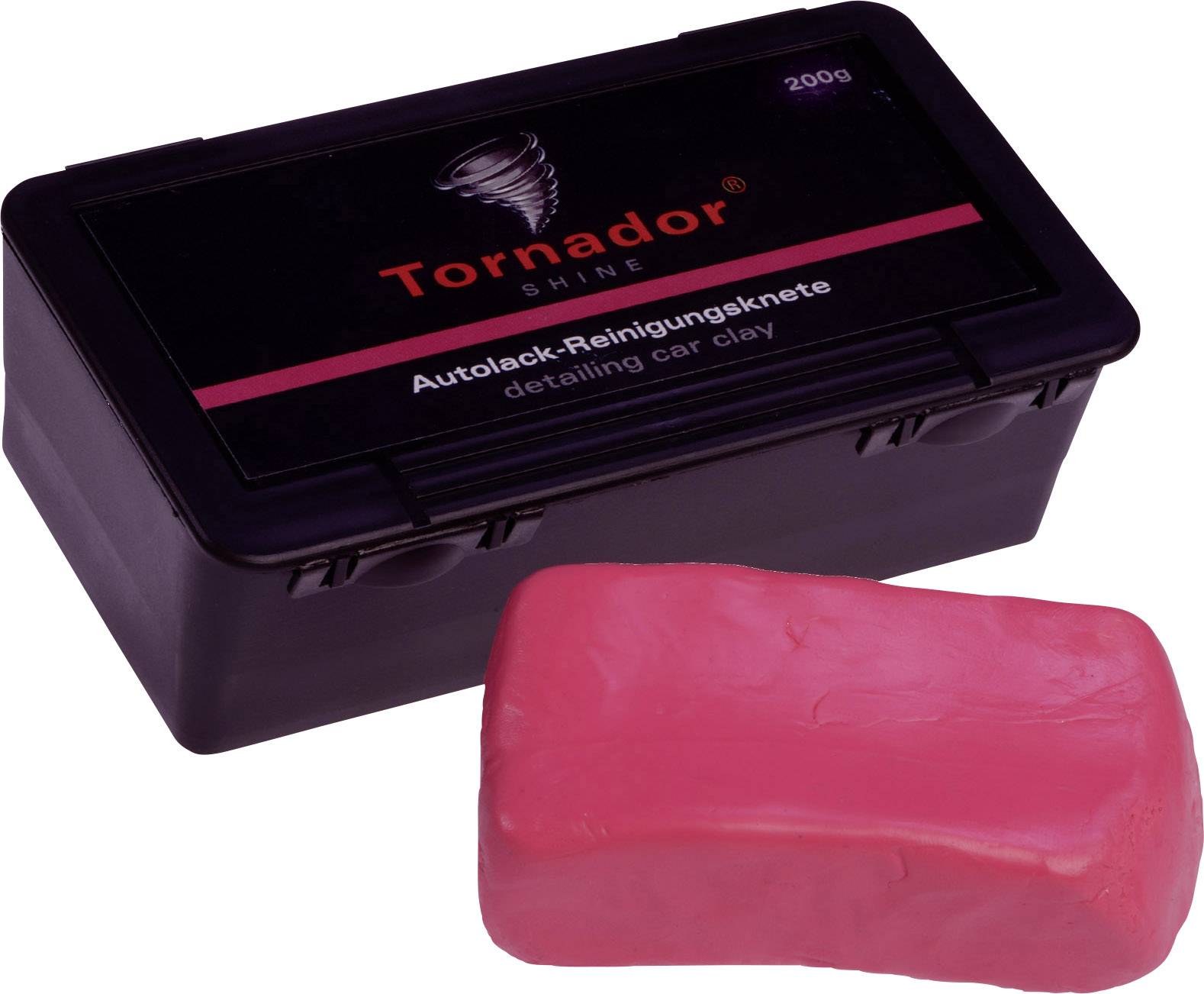 Black box with red lettering 'Tornador Shine Car Paint Cleaning Clay'. Alongside it, a red clay block for car paint care.