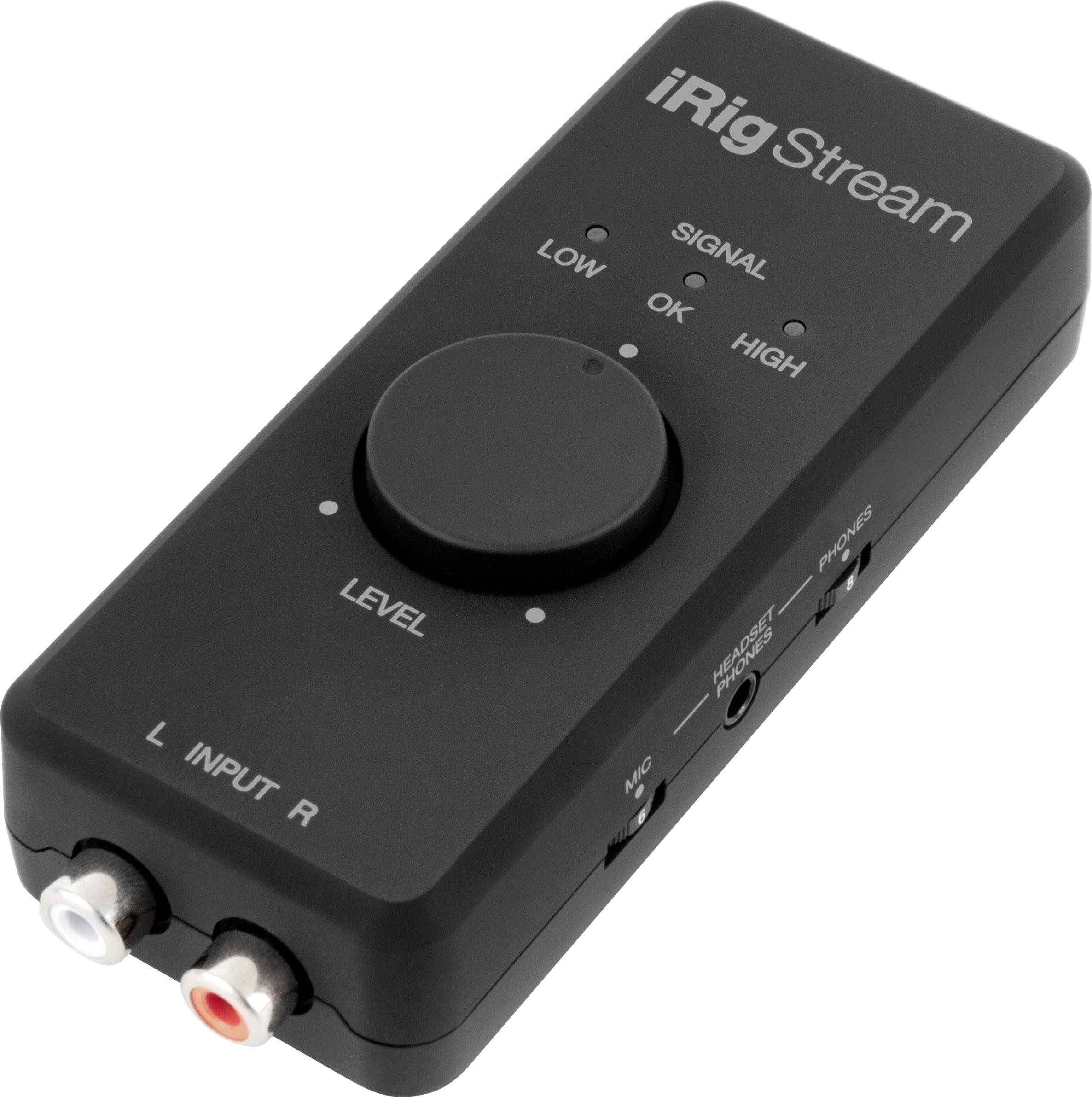Black audio interface device with rotary knob for level adjustment. Labels: 'LOW', 'OK', 'HIGH', RCA inputs on the front panel.