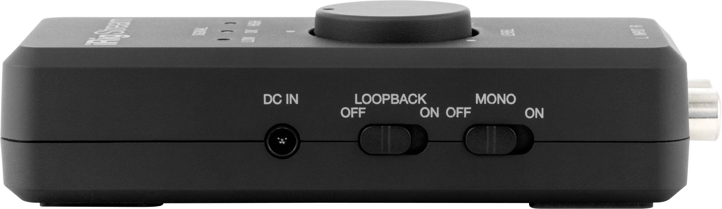 Black audio interface with controls and connections, including 'Loopback' and 'Mono'.