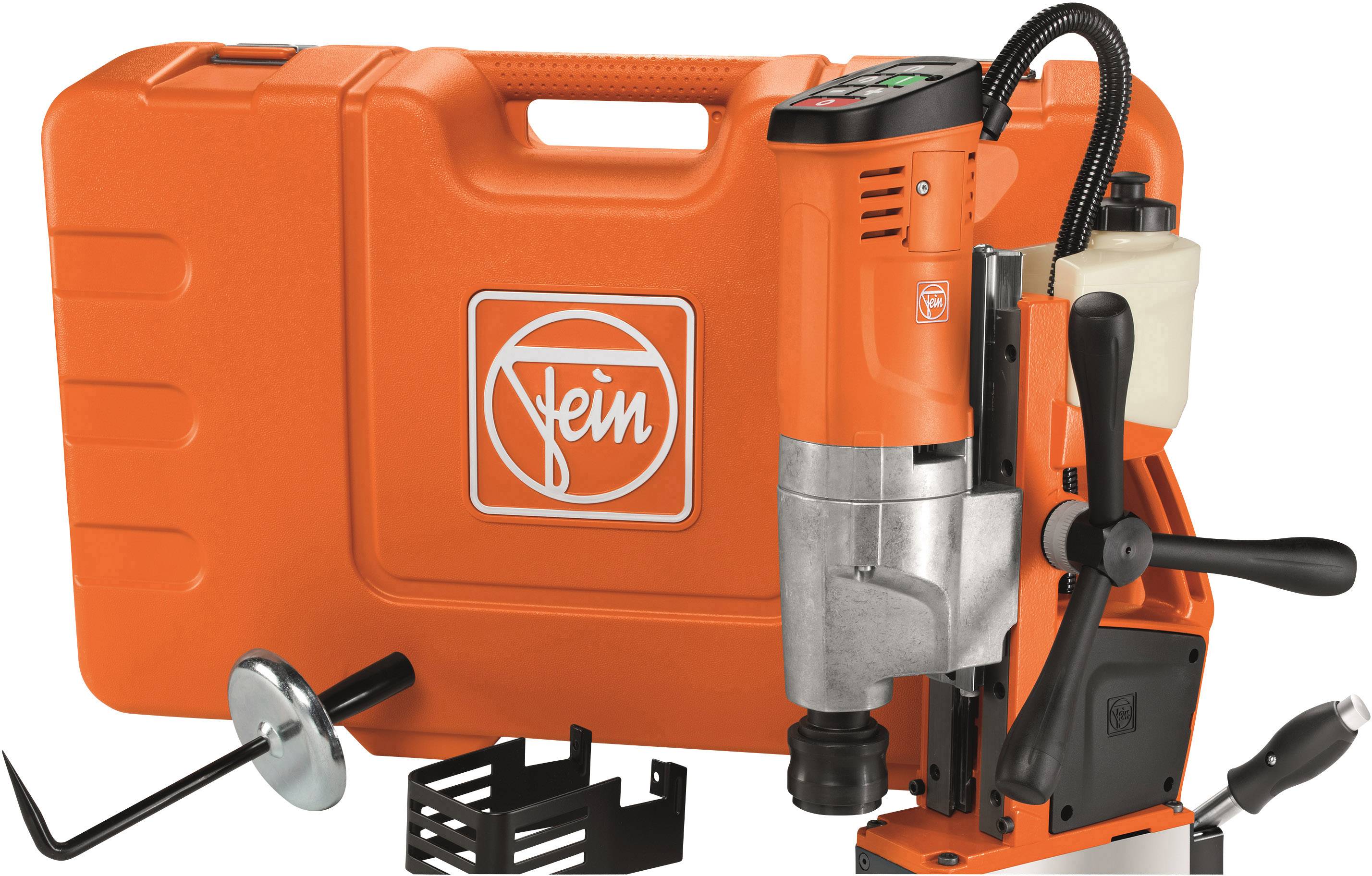 Magnetic drill machine in orange with transport case, lever, and accessories. Dedicated to precision drilling in metal structures.
