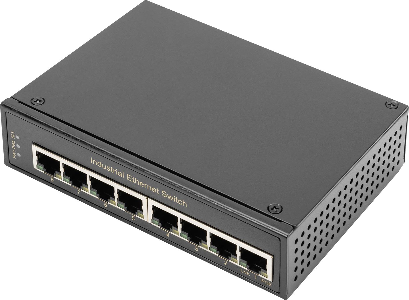 A black industrial Ethernet switch with eight ports, suitable for network applications in industrial environments.