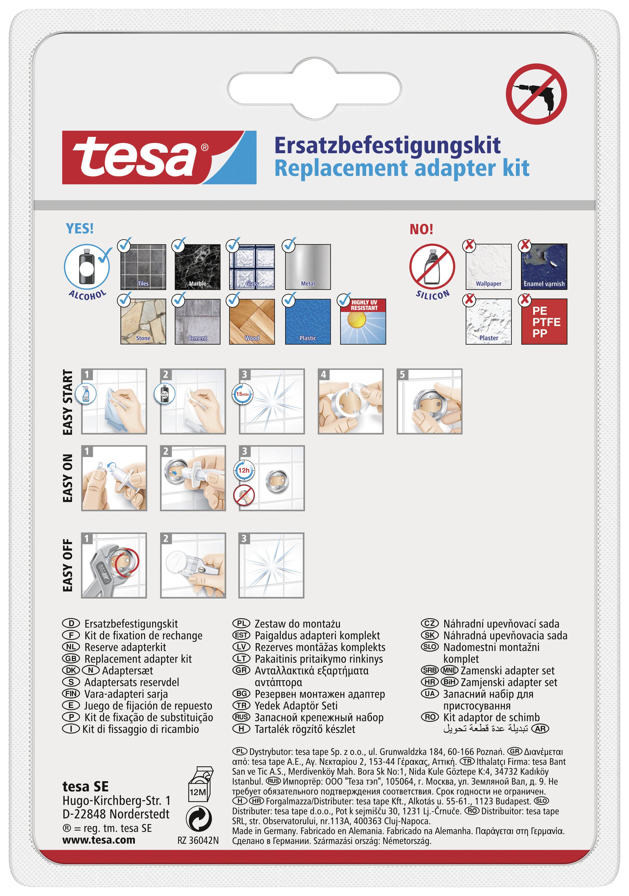 'tesa Replacement Fixing Kit' with pictorial assembly instructions. Contains 'Yes' for alcohol- and grease-free surfaces, 'No' for silicone and PTFE.
