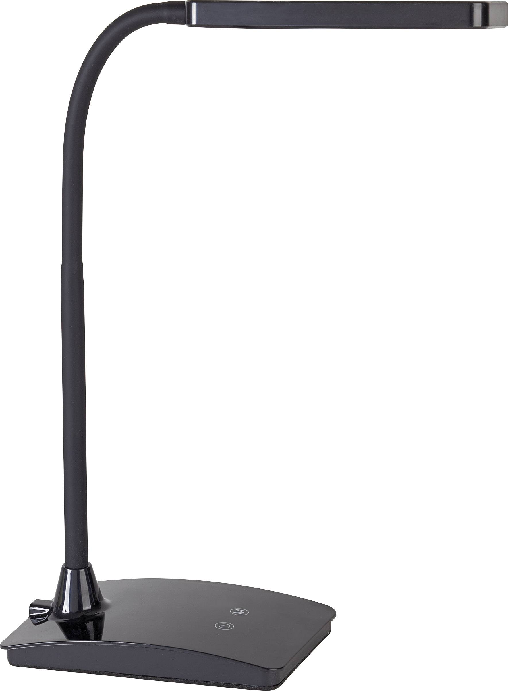 Black LED desk lamp with flexible neck and rectangular light head on a square base. Perfect for desks.