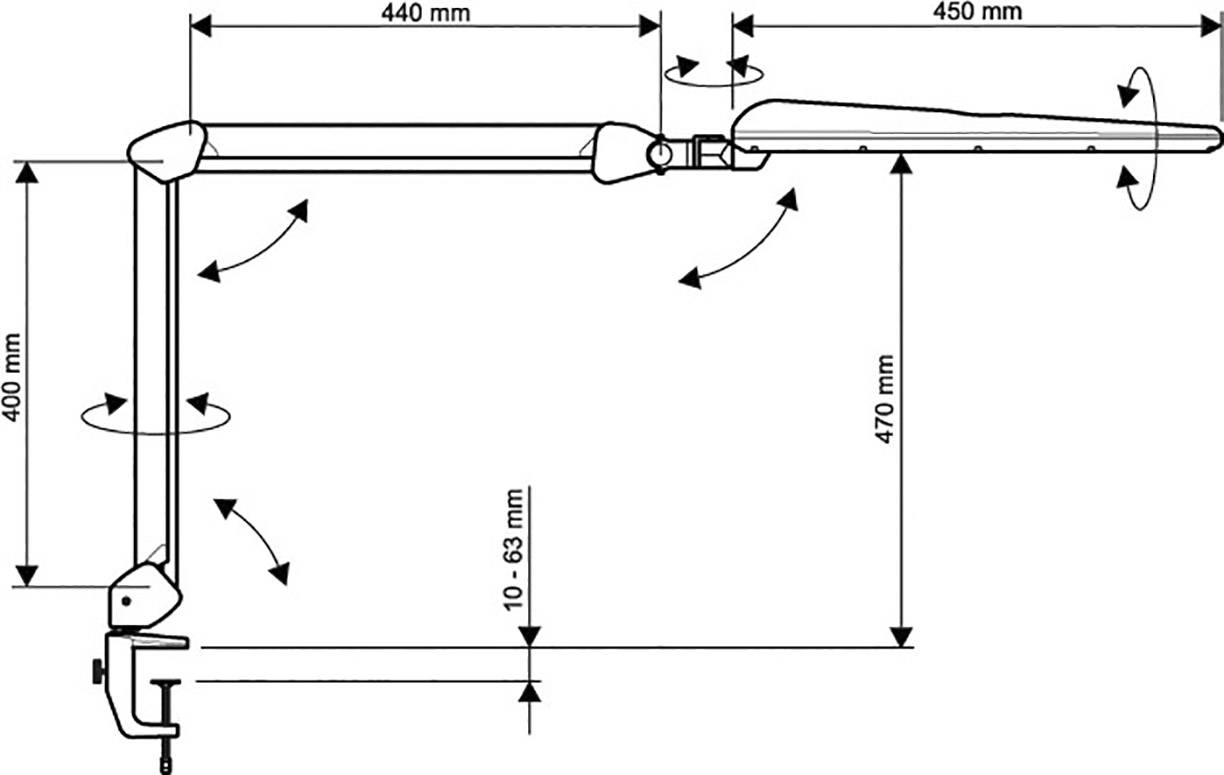 Drawing of an adjustable swivel arm with dimensions: 440 mm, 450 mm and 400 mm. Height adjustable from 10 to 63 mm.
