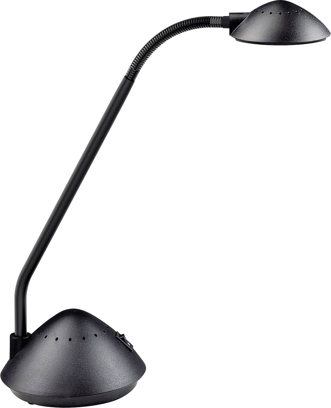 Black, curved desk lamp with a flexible neck, suitable for focused reading or working at a table.