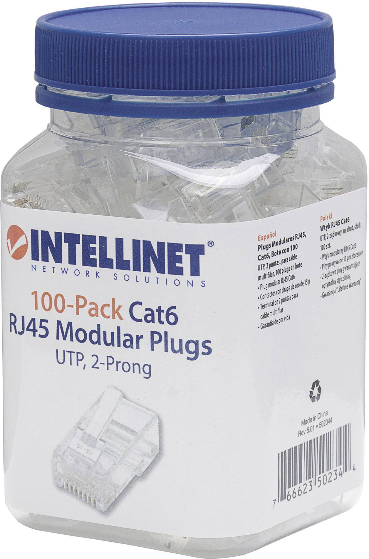 A plastic container with 100 Intellinet RJ45 modular plugs, Cat6, for network solutions, on a white background.