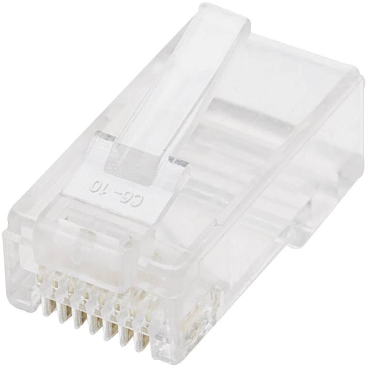 A transparent RJ45 plug used for data transmission in network cables.