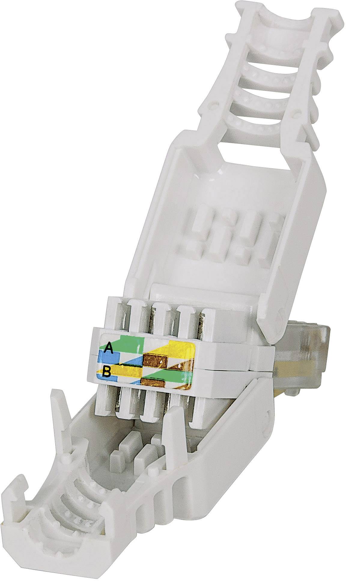 A white cable connector with colour-coded inputs for connecting wires. Suitable for network or telephone applications.