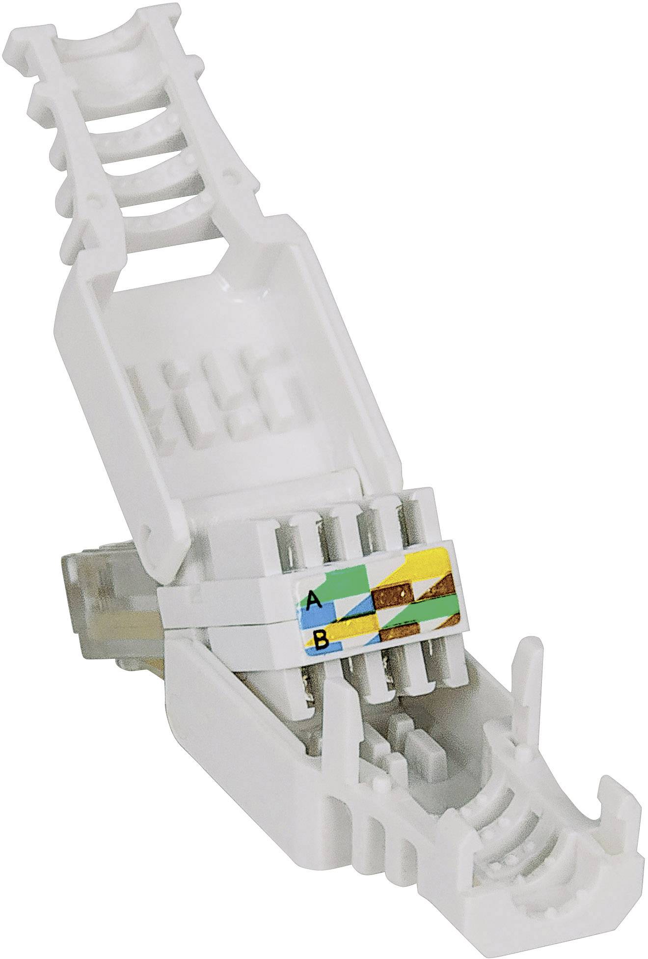 A CAT 6A network plug for connecting patch cables with keystone modules. Suitable for network installations in structured cabling systems.