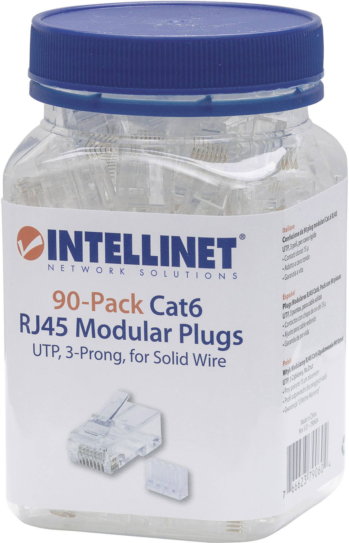 Container with 90 Intellinet Cat6 RJ45 modular plugs for UTP cables, 3-pin, for solid wires. Label shows product description.