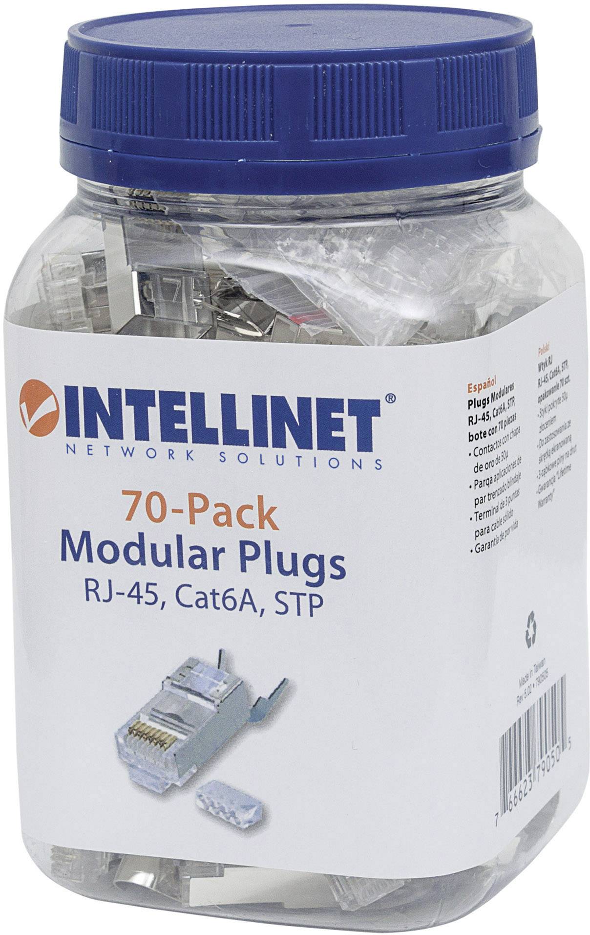 A plastic container with 70 modular RJ-45 connectors, Cat6A, STP, from Intellinet Network Solutions.
