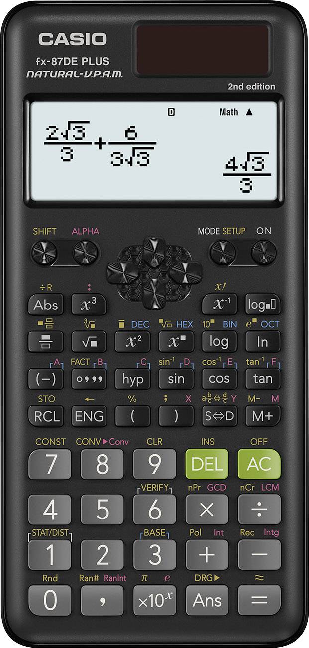 Scientific calculator Casio fx-87DE PLUS with display showing calculations '2/3 + 6/3' and '4/3'.