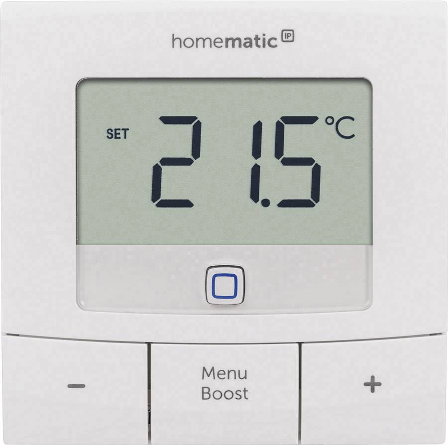 Thermostat display shows '21.5°C', 'Homematic IP' model, with Menu, Boost, Plus and Minus buttons beneath the screen.