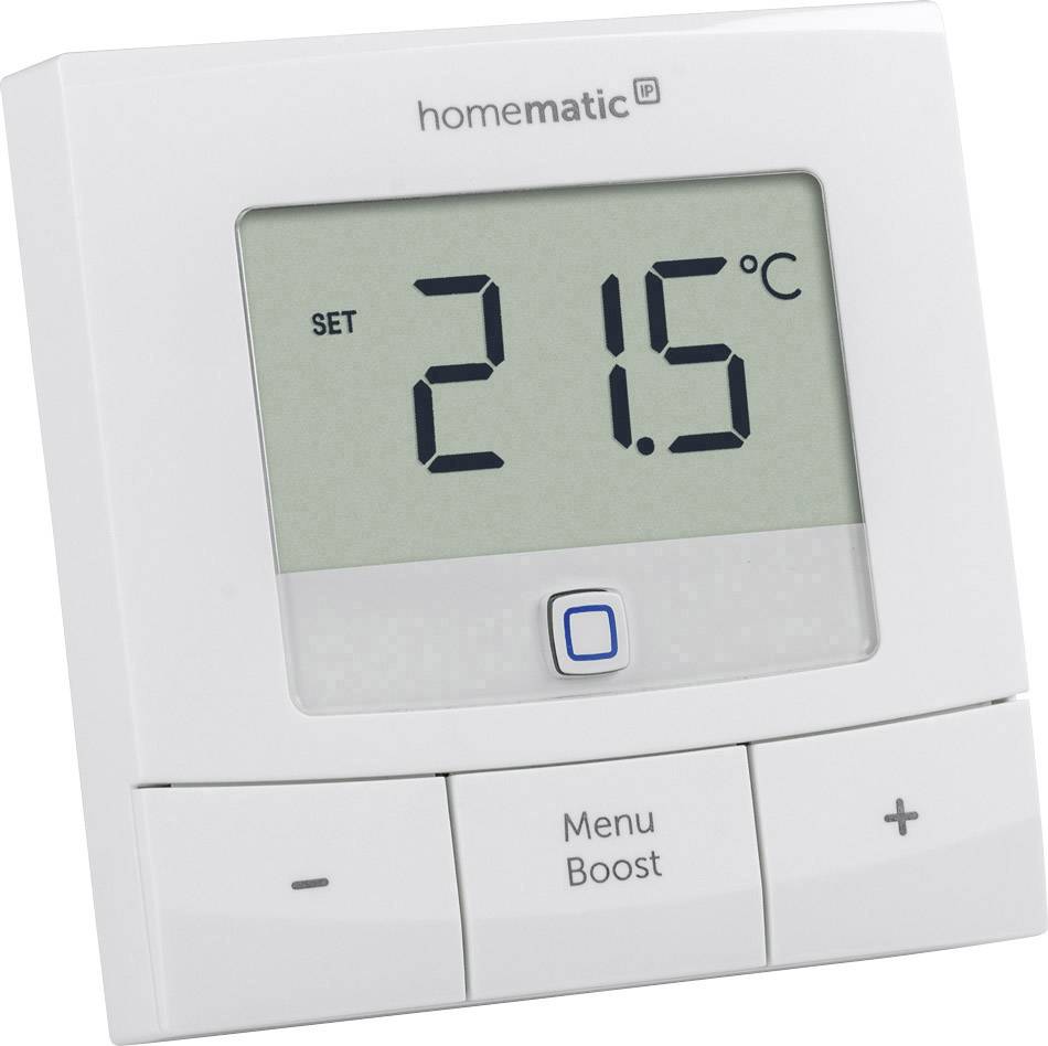 A digital wall thermostat shows a set temperature of 21.5 degrees Celsius and has buttons for menu, boost, and temperature adjustment.