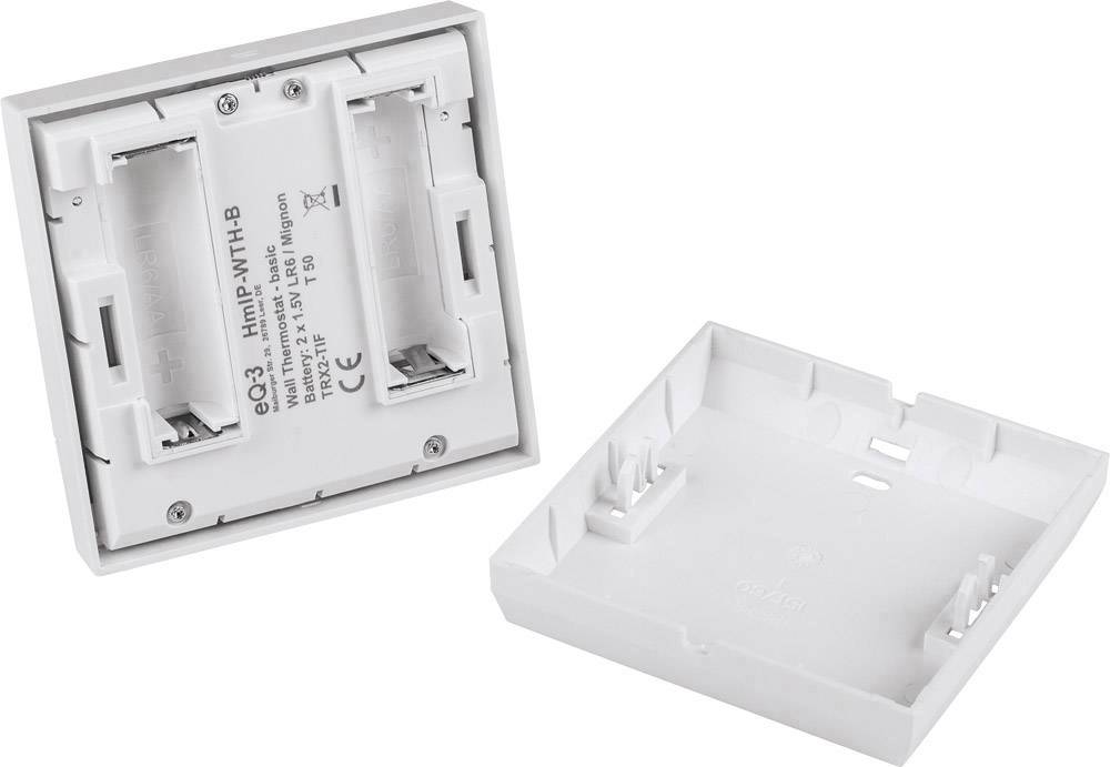 Wall-mounted battery holder with two compartments, enclosed casing, and CE marking; shown in open and closed configurations.