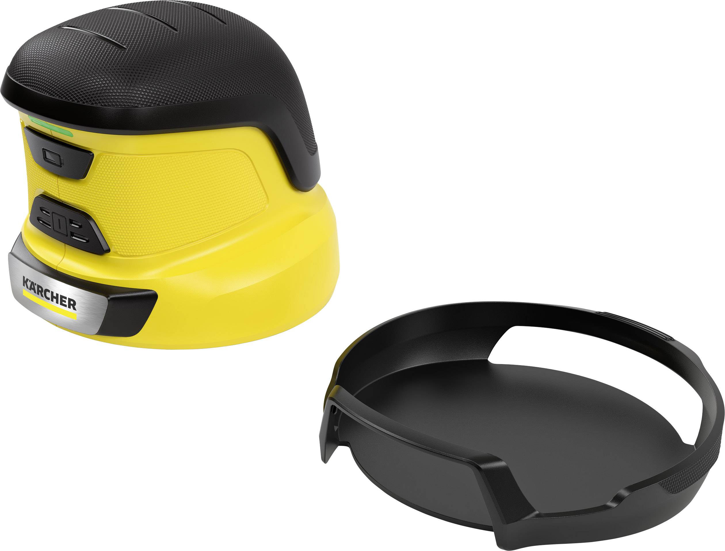 Yellow and black Kärcher cleaning device with a removable protective cap, primarily used for cleaning small surfaces.