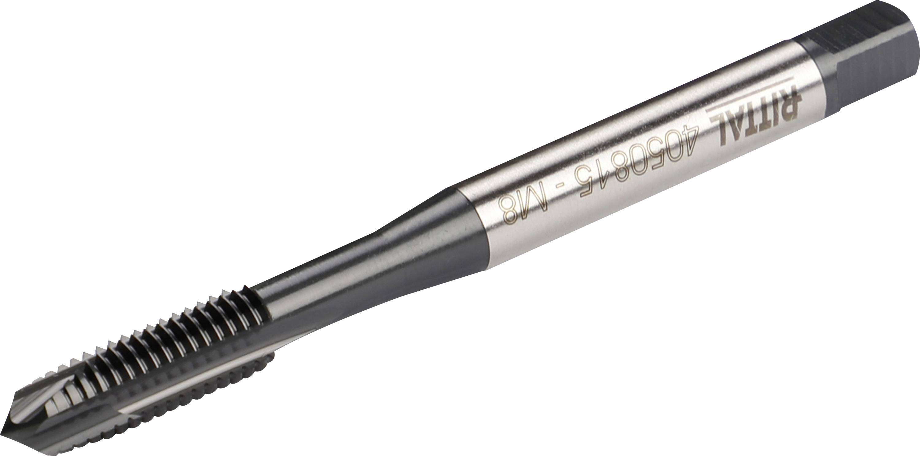 A metal thread tap with straight flutes, suitable for creating internal threads in metal surfaces.