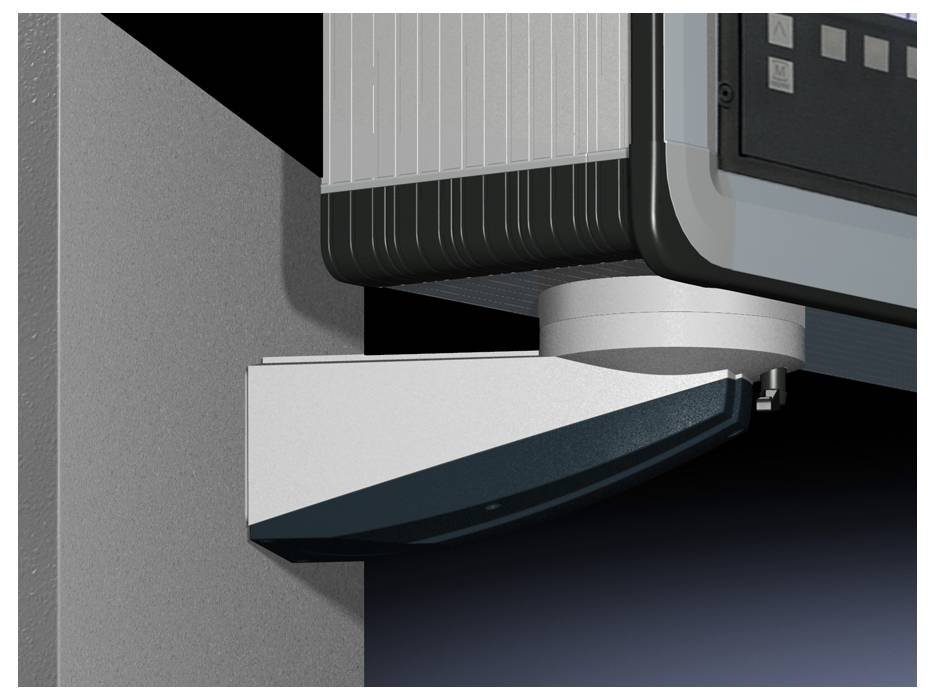 A grey and black surveillance camera mounted on a grey wall points down and to the right, as if monitoring an area.
