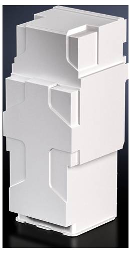 A white, modular plastic housing insert with multiple levels and structured forms, standing against a dark background.