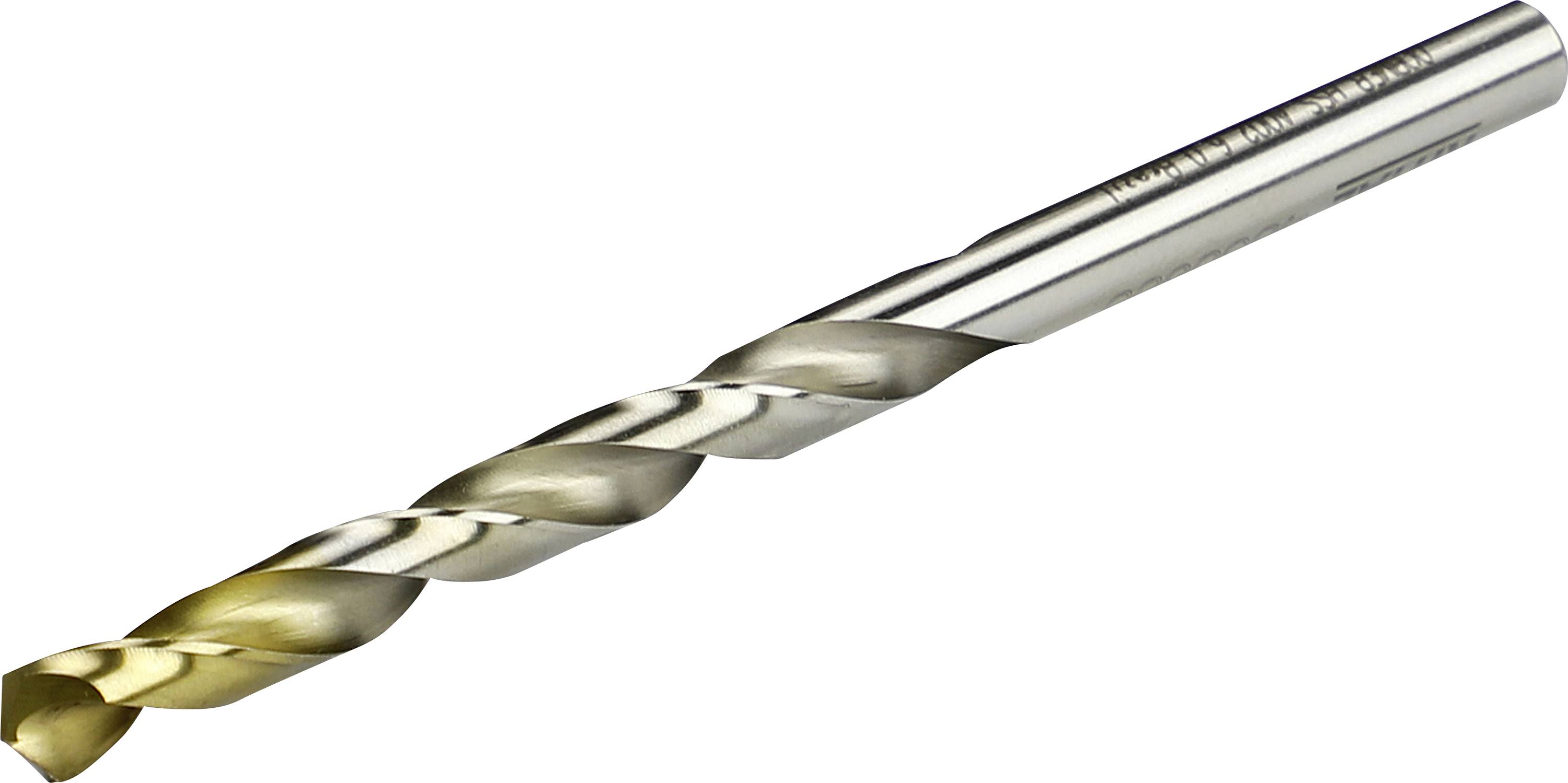 A silver and gold spiral drill bit suitable for metal drilling. It has a long, slender form with a sharp point.