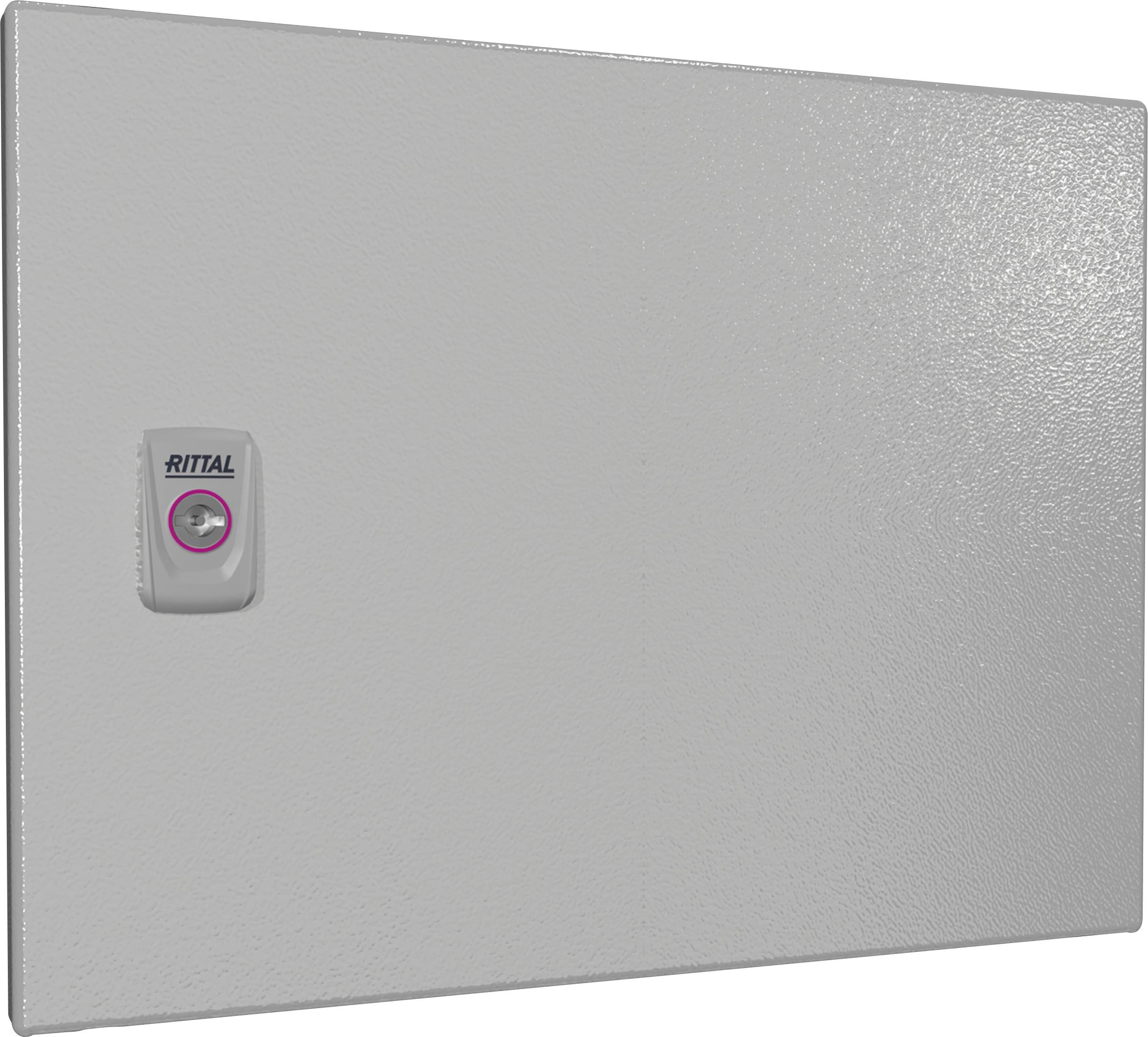 Enclosed electrical cabinet with Rittal logo, grey metal door, centrally positioned lock.