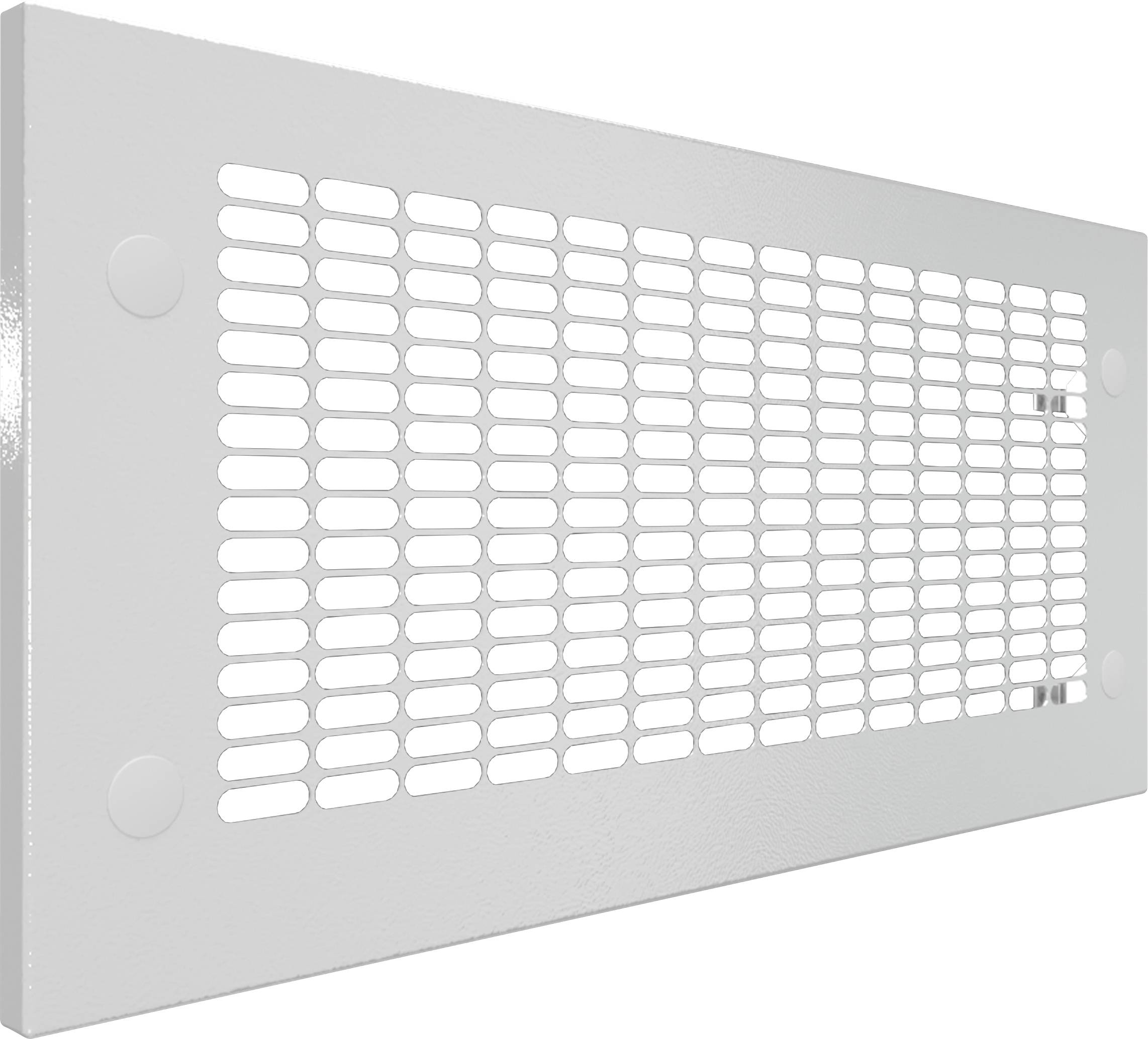 Metal mesh grille in a rectangular shape, painted grey, with a series of horizontal and vertical slits.