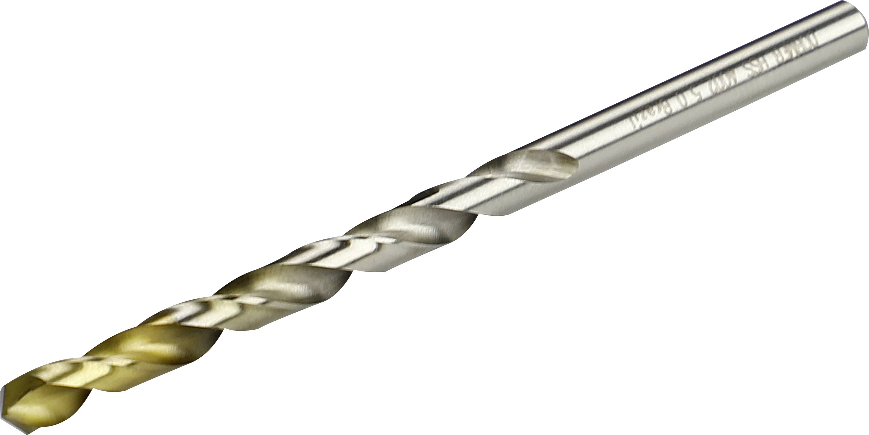 Steel drill bit with titanium-coated spiral drill, tapering to a point, suitable for metalworking.