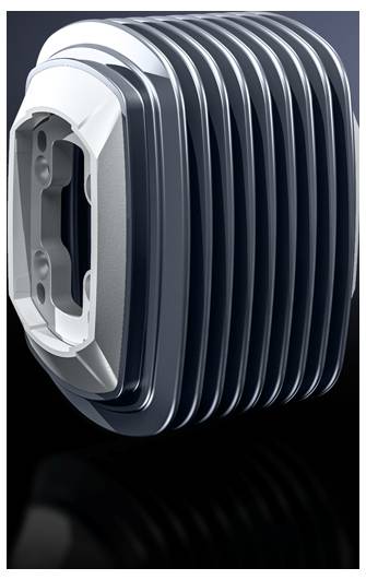 A metallic-looking object with several parallel ridges and an oval, smooth front surface on a black background.