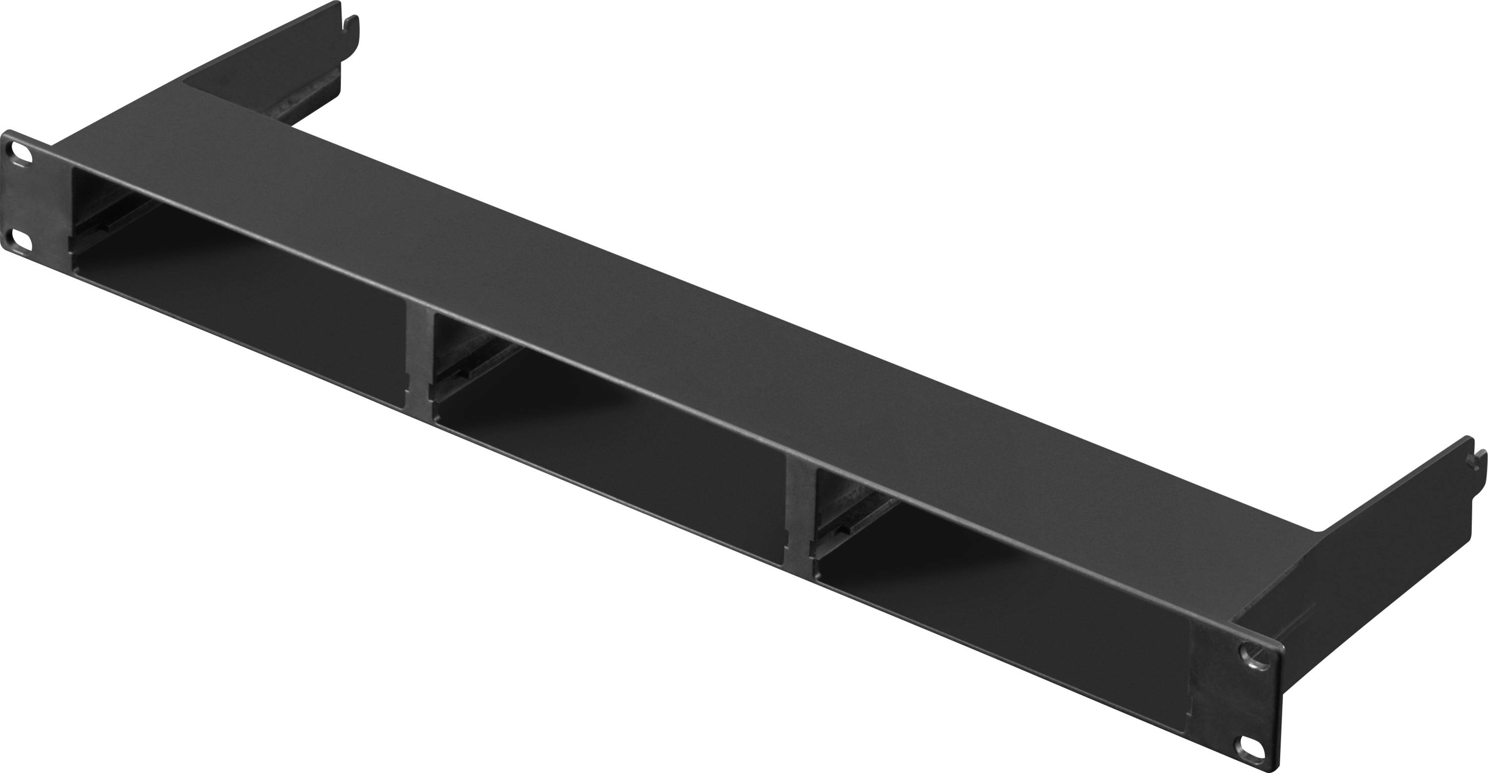 A black metal cable management panel for a 19-inch rack, with multiple vertical guide slots for neat cable organisation.