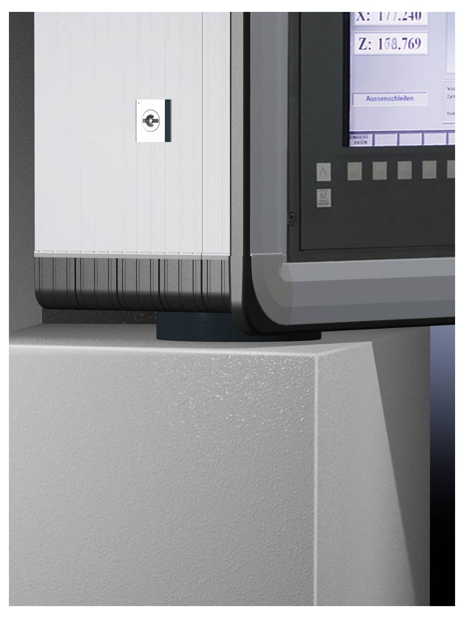 A computer monitor sits on a sturdy, rectangular base, displaying various data and control buttons.