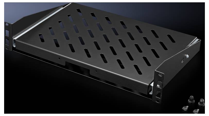 A black lacquered metal shelf with angled ventilation slots, mountable in a server rack. Includes mounting screws.