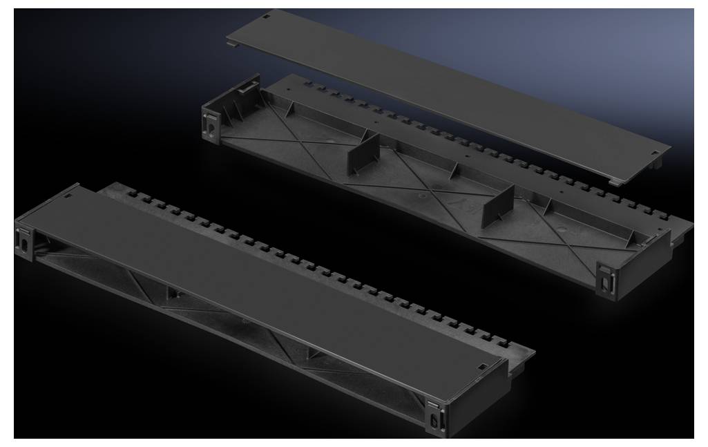 Cable management system in black with a removable lid, providing support and organisation for cables in a server rack.