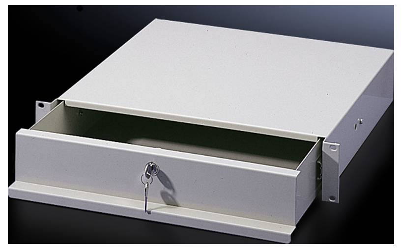 Metal drawer with a lock and key at the front, slightly open, against a black background.