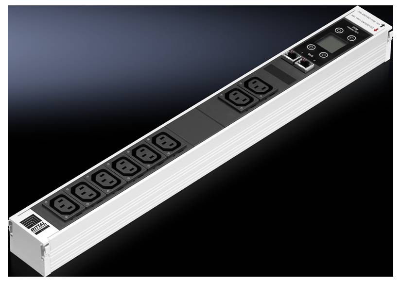 A rack PDU with multiple socket outlets, a digital display and network connections, suitable for efficient power management.