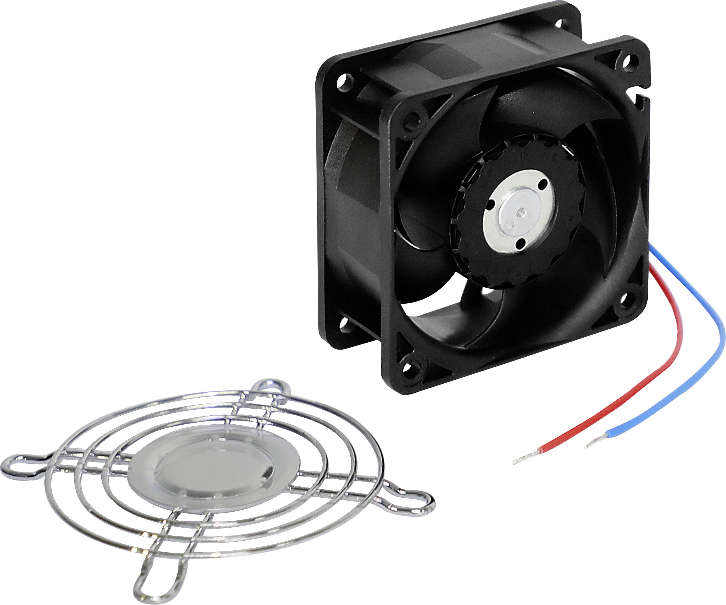 A black fan with two wires (red and blue) next to it, and a removable silver protective grille to the left.