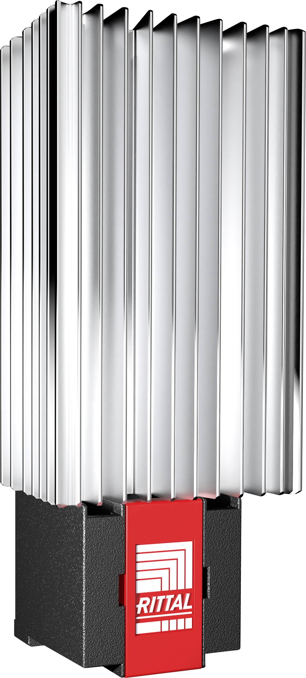Large black radiator with vertical metallic fins and a red base featuring the 'Rittal' logo.