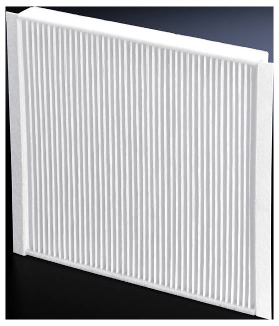 White, rectangular air filter with vertical pleats on a dark background.