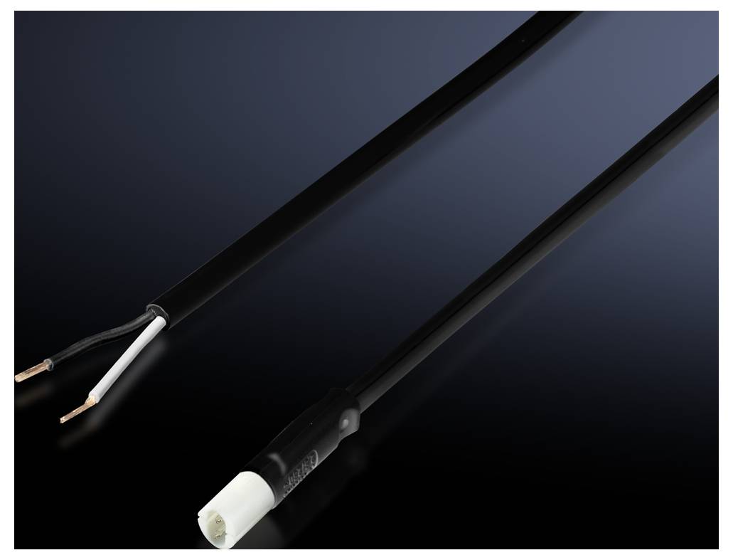 Black cable with white and black core at one end and a white connector at the other end on a dark background.