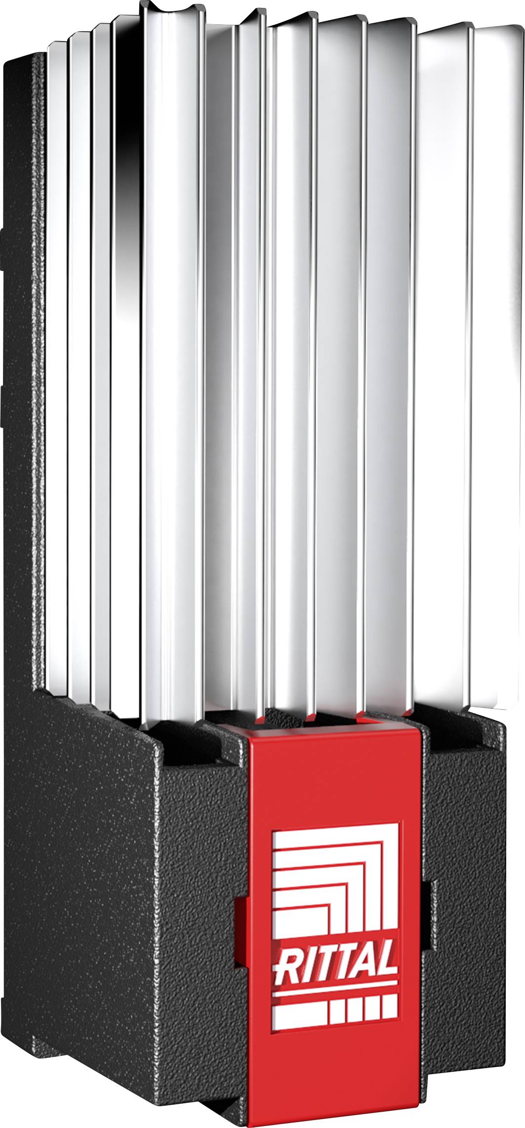 A silver heat sink with red elements; the Rittal company logo placed on top.