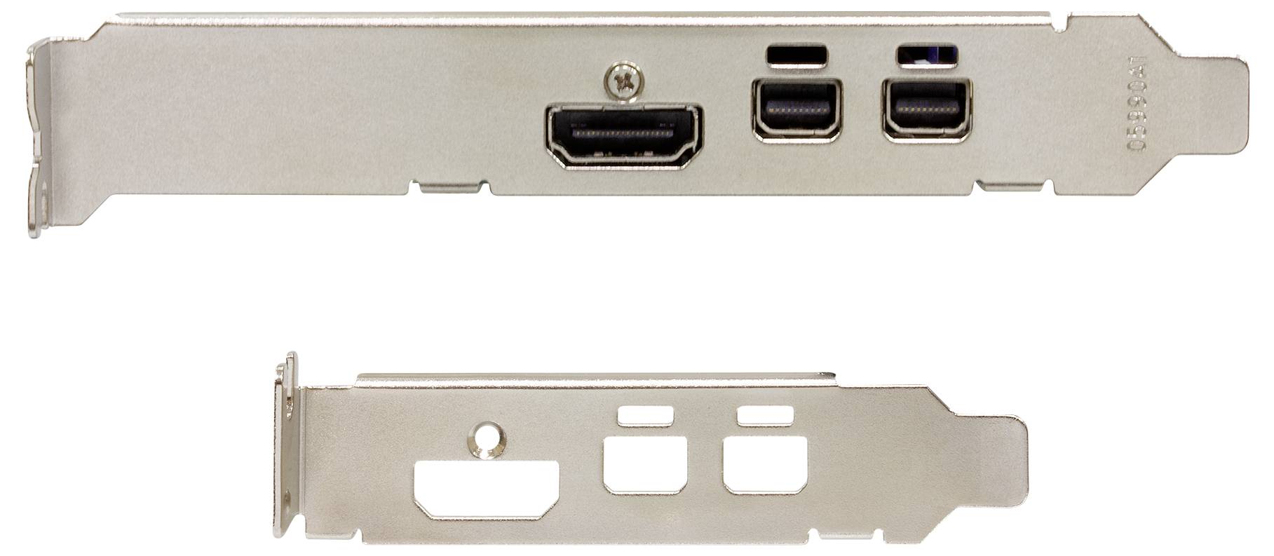 Brackets for HDMI and USB ports, suitable for installation in a computer case. Shows two different types of port blanking plates.