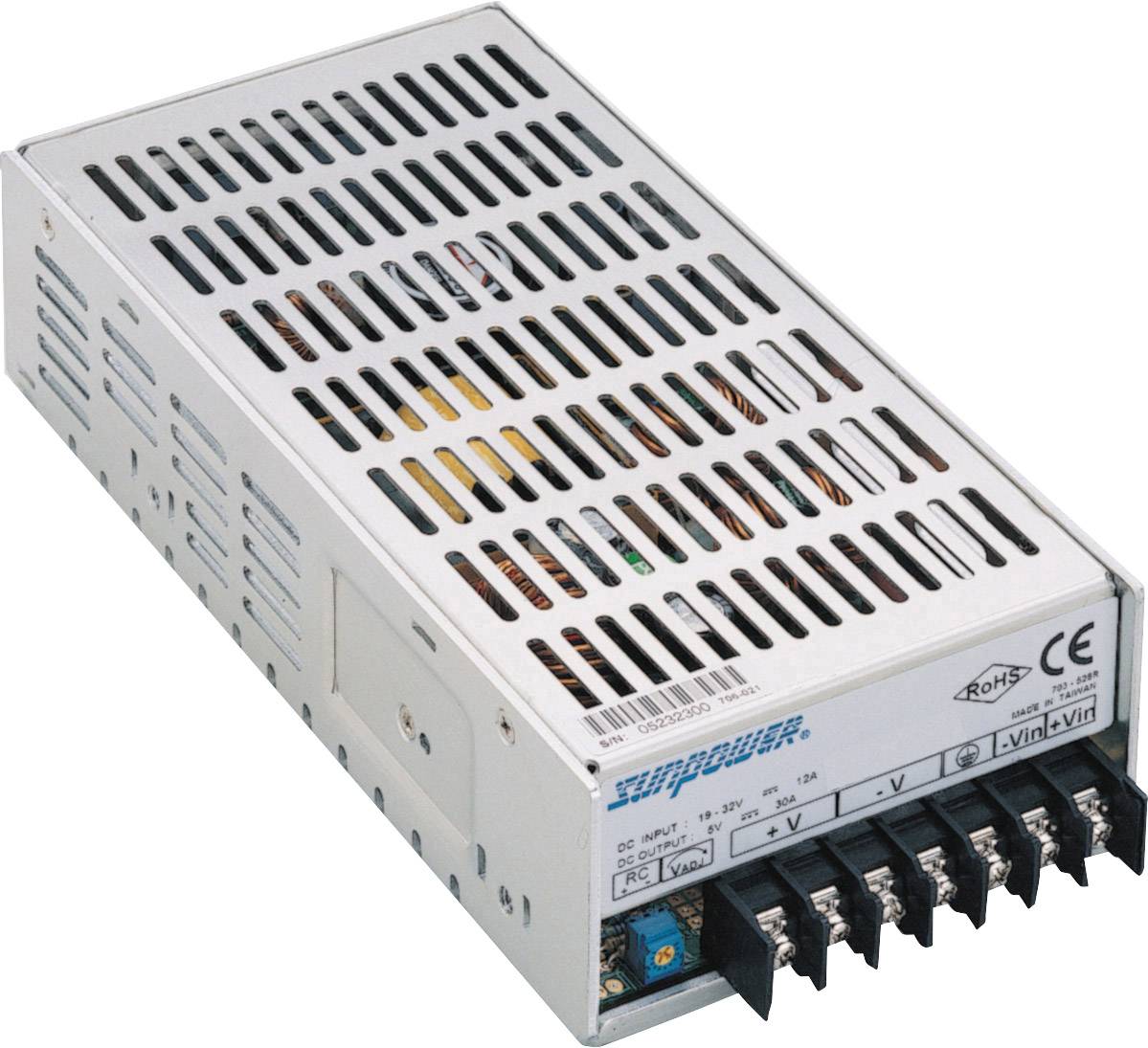 Silver modular power supply with ventilation slots and 'meanwell' label, showing electrical connections at the front.