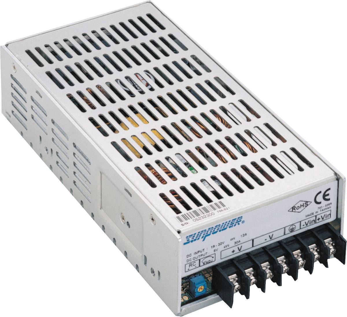 Metal protection type power supply with ventilation slots and multiple connections on the front panel. CE and RoHS markings.