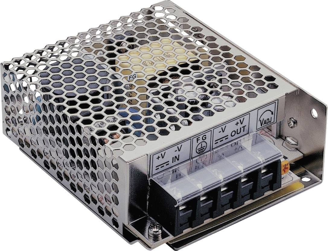 Metal power supply enclosure with ventilation grille and terminal blocks on the front panel, with markings beneath for voltage input and output.