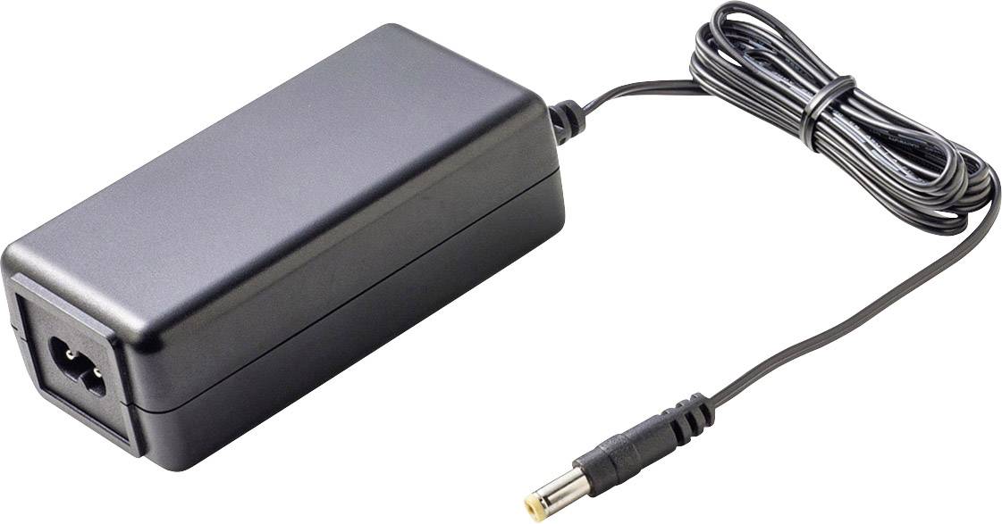 Black laptop power adapter with cable, rectangular shape, metal connector plug. Suitable for charging electronic devices.