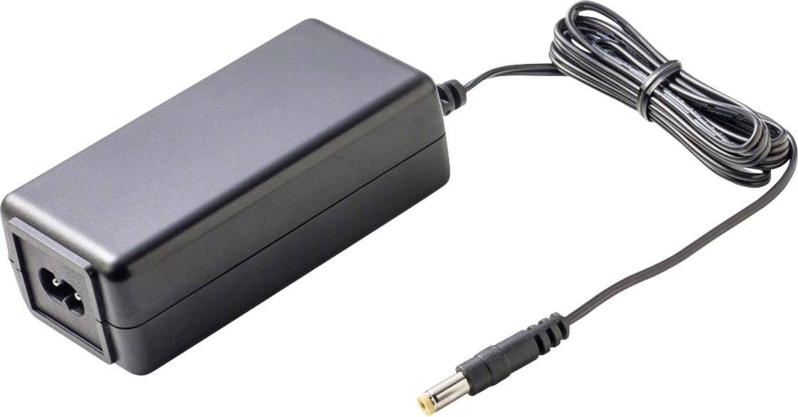 A black power adapter with connection cable and plug, suitable for electronic devices, is lying on a white surface.