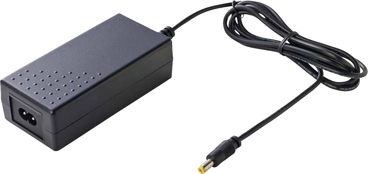 Black power supply with a long cable and a yellow plug, suitable for electronic devices.